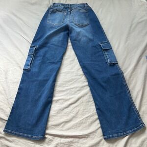 LOVE TRENDS Womens Cargo Jeans Size 5 26x31 Medium Wash Wide Leg Pockets Stretch